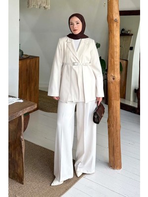 Lamelif Pensli Ceket-Pantolon Ikili Takım Krem