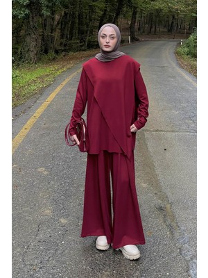 Lamelif Pelerinli Tesettür Takım Bordo