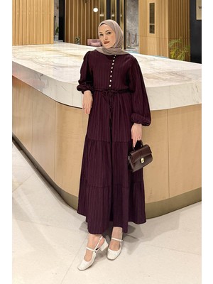 Lamelif Biritli Tesettür Elbise Mürdüm