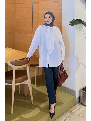 Lamelif Fular Detaylı Gömlek Beyaz