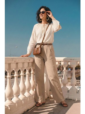 Lela Pamuklu Wide Leg Yüksek Bel Geniş Paça Kemerli Pantolon Bayan Pantolon 668YP5429