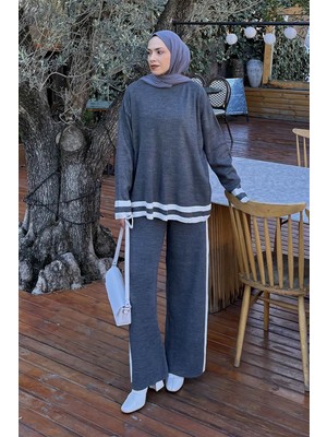 Lamelif Çizgili Pantolon Triko Tesettür Takım Antrasit