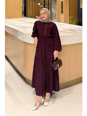 Lamelif Biritli Tesettür Elbise Mürdüm