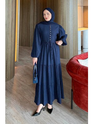 Lamelif Biritli Tesettür Elbise Lacivert