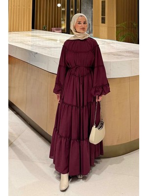 Lamelif Fırfır Detaylı Tesettür Elbise Patlıcan Moru