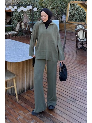 Lamelif Yaka Detay Ikili Tesettür Takım Haki