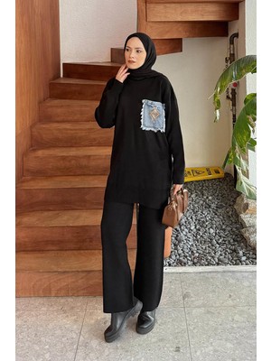 Lamelif Cep Detaylı Triko Takım Siyah