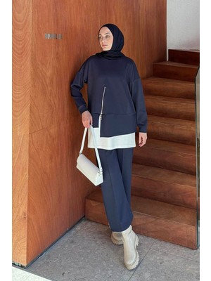 Lamelif Fermuarlı Garnili Takım Lacivert