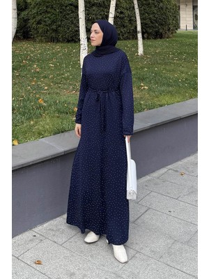 Lamelif Taş Detaylı Tesettür Elbise Lacivert