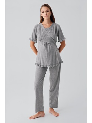 Artış Collection Kısa Kollu Emzirme Bölmeli Ayarlanabilir Bel Pamuklu Hamile Pijama Takım 19218