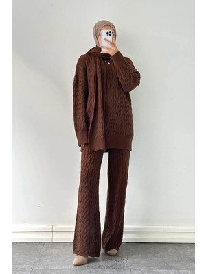 Lamelif Atkılı Örülü Tesettür Takım Acı Kahverengi
