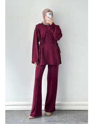 Lamelif Tünel Detaylı Taşlı Takım Bordo