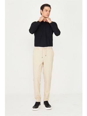 White Stone Bej Mikro Desenli Bağcıklı Modern Jogger Pantolon