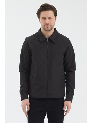 Level High Erkek Siyah Polo Yaka Basic Fermuarlı Mevsimlik Ceket