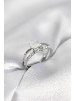 Gümüş Renk Sedefli Kedi Model Fiyonklu Zirkon Taşlı Kadın Yüzük