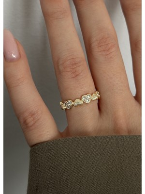 KİLİGİSTANBUL Gold Renk Taşlı Kalpler Yüzük (Bedeni Ayarlanabilir)