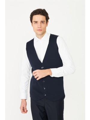 White Stone Lacivert V Yaka Düğmeli Triko Yelek