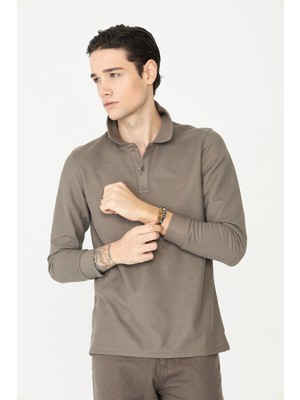 White Stone Kahverengi Mikro Dokulu Uzun Kollu Polo Yaka Üst