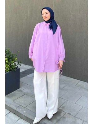 Lamelif Kol Detaylı Gömlek Oversize Gömlek Lila