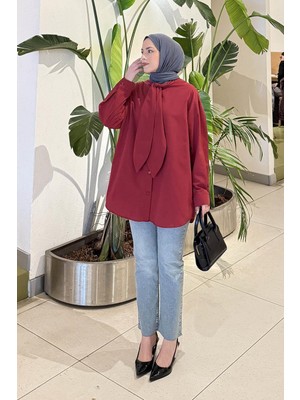 Lamelif Fular Detaylı Gömlek Bordo
