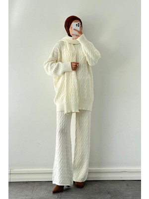 Lamelif Atkılı Örülü Tesettür Takım Krem