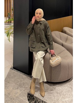 Lamelif Ekose Garnili Ceket Haki