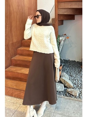 Lamelif Örgülü Kazak Krem