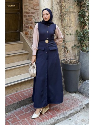 Lamelif Düğme Detaylı Elbise Lacivert