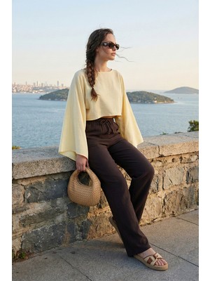 Lela Pamuklu Bağlamalı Relaxed Fit Yüksek Bel Geniş Paça Müslim Pantolon Bayan Pantolon 5866663