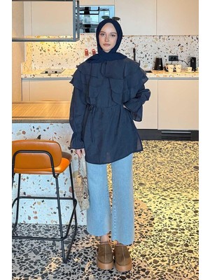 Lamelif Geniş Katlı Yakalı Gömlek Lacivert