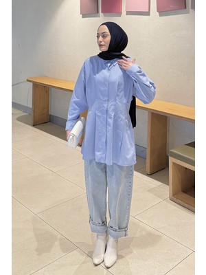 Lamelif Ön Pile Detaylı Gömlek Mavi