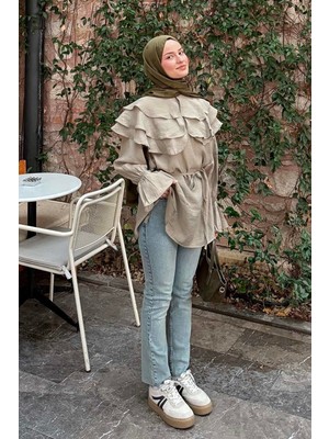 Lamelif Geniş Katlı Yakalı Gömlek Haki