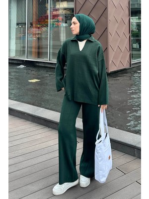 Lamelif Yaka Detay Ikili Tesettür Takım Zümrüt Yeşili