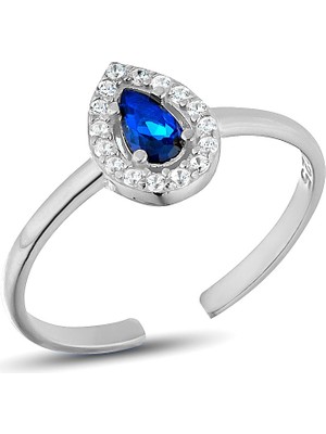 Zanaat Silver 925 Ayar Gümüş Ayarlanabilir Safir Mavisi Damla Taşlı Yüzük