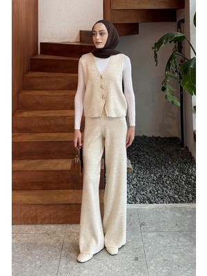 Lamelif V Yaka Yelekl Takım Bej