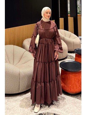 Lamelif Fırfır Detaylı Tesettür Elbise Acı Kahverengi