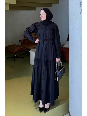 Lamelif Bağlama Detaylı Tesettür Elbise Siyah