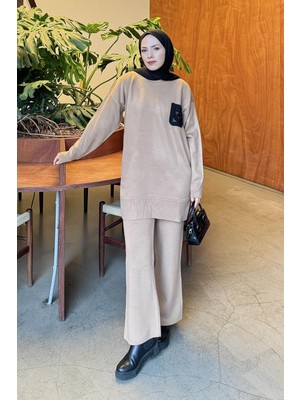 Lamelif Dantel Cep Detaylı Triko Takım Camel