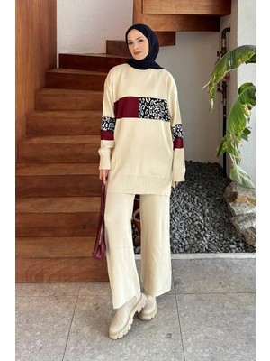 Lamelif Desenli Triko Takım Krem