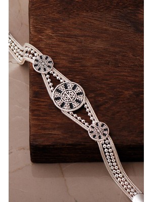 Sümer Telkari Anadolu Motifli Midyat Hasırı Mineli 925 Ayar Gümüş Bileklik 4879