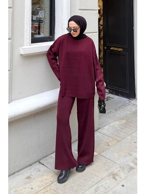 Lamelif Düz Ikili Triko Tesettür Takım Bordo