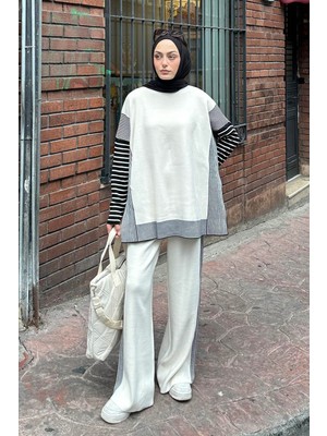 Lamelif Yan Çizgili Panço Tesettür Takım Krem