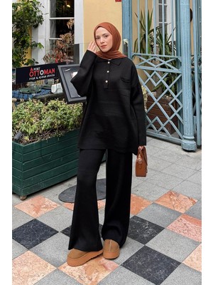 Lamelif Cep Detaylı Triko Takım Siyah