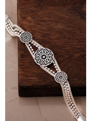 Sümer Telkari Anadolu Motifli Midyat Hasırı Mineli 925 Ayar Gümüş Bileklik 4881