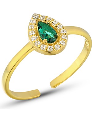 Zanaat Silver 925 Ayar Gümüş Ayarlanabilir Zümrüt Yeşil Damla Taşlı Yüzük