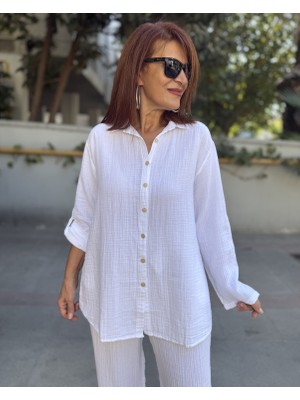 DenizEge Butik Müslin Yakalı Gömlek Beyaz