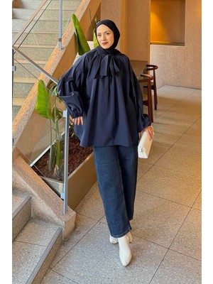 Lamelif Yaka Fular Detaylı Gömlek Koyu Lacivert