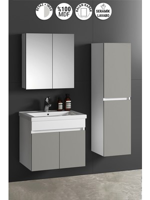Özceden Çiğdem 65+35 cm Beyaz-Inox Balon Mdf Seramik Lavabolu Asma Banyo Dolabı Takımı