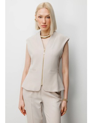 Ekol Kadın V Yaka Dikiş Detaylı Yelek 1010 Kum