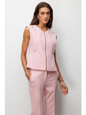 Ekol Kadın Süs Düğmeli Sıfır Yaka Yelek 1002 Pembe
